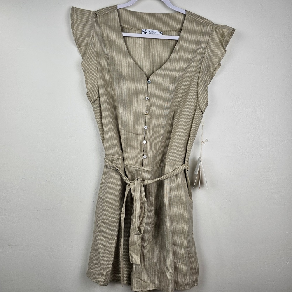 Carve Designs Remi Belt Romper Womens Medium Khaki Stripe Linen Flutter Sleeve